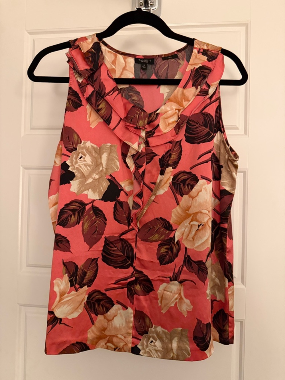Talbots Coral Pink Floral Ruffle Neck Sleeveless Camisole